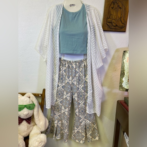 Boho Hippie Outfit Gaucho High Waist Bell Crop Pant Crop Top & Sheer Coverup S/M - Picture 2 of 16